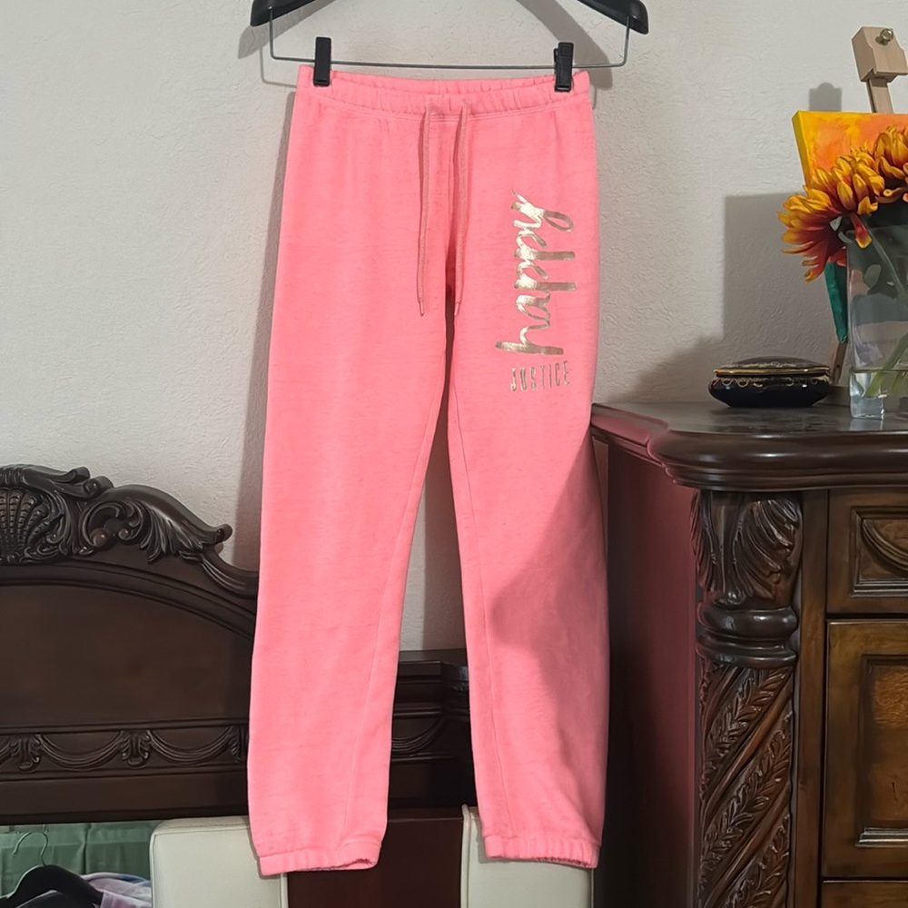 Justice Girls Sweatpants Happy Graphic Design Gold Pink Fleece Lined